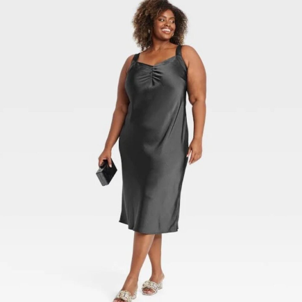 Women's Satin Midi A-Line Dress - Ava & Viv Gray XXL